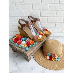 BioStep Floral Wedge Sandals Brown Leather Ankle Strap Boho Cottagecore Size 8.5